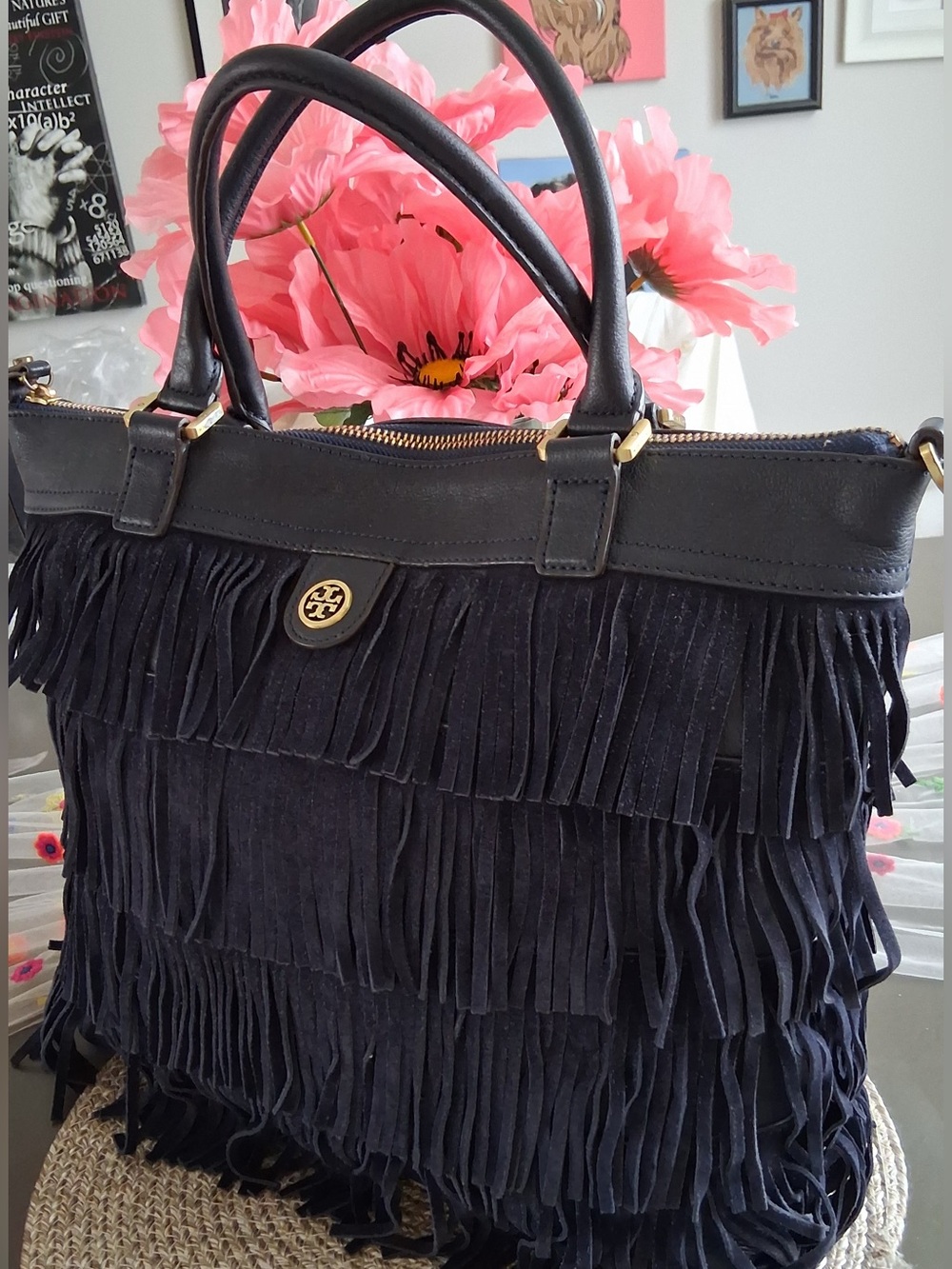TORY BURCH LARGE BOHO FRINGE TOTE/CROSBODY SHOULDER BAG NAVY
